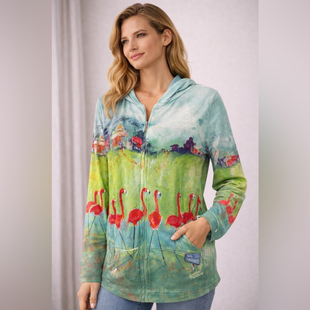 Leoma Lovegrove Womens Hoodie L Tropical Flamingo Green Beach Core Multicolor
